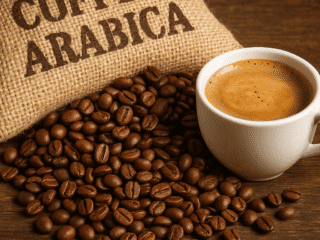 Kawa aromatyczna z kawy ziarnistej Arabica, w jasnej filiżance na drewnianym stole, obok worka z napisem "Coffee Arabica", idealna dla miłośników kawy wysokiej jakości.