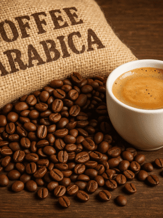 Kawa aromatyczna z kawy ziarnistej Arabica, w jasnej filiżance na drewnianym stole, obok worka z napisem "Coffee Arabica", idealna dla miłośników kawy wysokiej jakości.