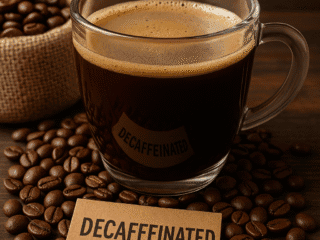 Kawa decaffeinated w przezroczystym filiżance na drewnianym stole, obok ziaren kawy i kartonowego znacznika z napisem "DECAFFEINATED", idealna dla miłośników kaw bez kofeiny, elegancki i smaczny napój kawowy.