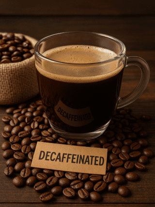 Kawa decaffeinated w przezroczystym filiżance na drewnianym stole, obok ziaren kawy i kartonowego znacznika z napisem "DECAFFEINATED", idealna dla miłośników kaw bez kofeiny, elegancki i smaczny napój kawowy.