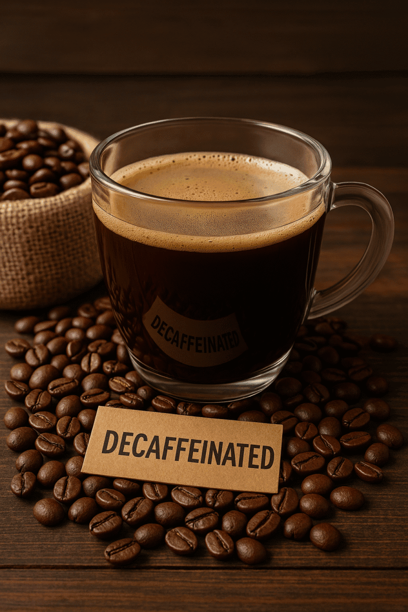 Kawa decaffeinated w przezroczystym filiżance na drewnianym stole, obok ziaren kawy i kartonowego znacznika z napisem "DECAFFEINATED", idealna dla miłośników kaw bez kofeiny, elegancki i smaczny napój kawowy.