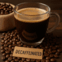 Kawa decaffeinated w przezroczystym filiżance na drewnianym stole, obok ziaren kawy i kartonowego znacznika z napisem "DECAFFEINATED", idealna dla miłośników kaw bez kofeiny, elegancki i smaczny napój kawowy.